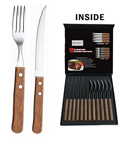 KOVOT 12-Piece Wood Handle Steak Knife & fork Set | Includes (6) 8" Steak Knives + (6) 7.5" Forks