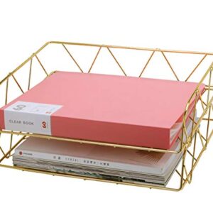 PAG 2 Packs Desktop File Organizer Metal Stackable Horizontal Letter Tray Paper Holder Rack, Gold