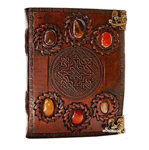 montexoo handmade vintage leather bound journal notebook diary sketchbook with lock for men women blank pages old antique six stone