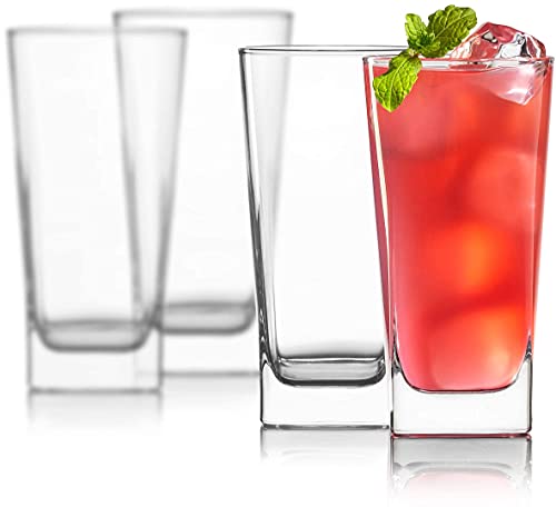 Highball Glasses [Set of 4] + 4 Stainless Steel Straws, 16 oz Lead-Free Crystal Clear Glass, Elegant Drinking Cups for Water, Wine, Beer, Cocktails and Mixed Drinks - Round Top, Square Bottom