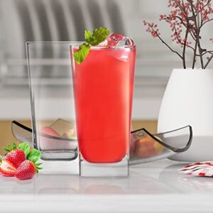 Highball Glasses [Set of 4] + 4 Stainless Steel Straws, 16 oz Lead-Free Crystal Clear Glass, Elegant Drinking Cups for Water, Wine, Beer, Cocktails and Mixed Drinks - Round Top, Square Bottom