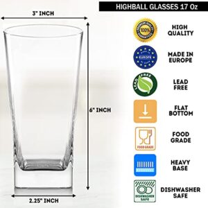 Highball Glasses [Set of 4] + 4 Stainless Steel Straws, 16 oz Lead-Free Crystal Clear Glass, Elegant Drinking Cups for Water, Wine, Beer, Cocktails and Mixed Drinks - Round Top, Square Bottom