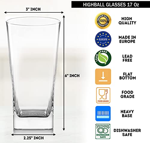 Highball Glasses [Set of 4] + 4 Stainless Steel Straws, 16 oz Lead-Free Crystal Clear Glass, Elegant Drinking Cups for Water, Wine, Beer, Cocktails and Mixed Drinks - Round Top, Square Bottom