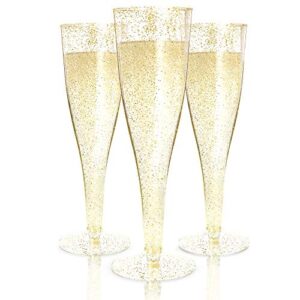 prestee 100 champagne flutes plastic | disposable champagne flute | gold glitter plastic champagne glasses for parties | mimosa bar, wedding, and shower party supplies | plastic party glasses (gold)