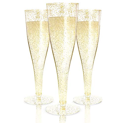 Prestee 100 Champagne Flutes Plastic | Disposable Champagne Flute | Gold Glitter Plastic Champagne Glasses for Parties | Mimosa Bar, Wedding, and Shower Party Supplies | Plastic Party Glasses (Gold)