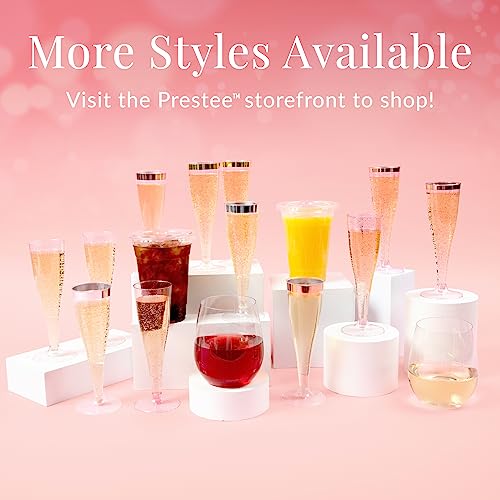 Prestee 100 Champagne Flutes Plastic | Disposable Champagne Flute | Gold Glitter Plastic Champagne Glasses for Parties | Mimosa Bar, Wedding, and Shower Party Supplies | Plastic Party Glasses (Gold)