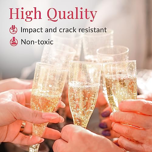 Prestee 100 Champagne Flutes Plastic | Disposable Champagne Flute | Gold Glitter Plastic Champagne Glasses for Parties | Mimosa Bar, Wedding, and Shower Party Supplies | Plastic Party Glasses (Gold)