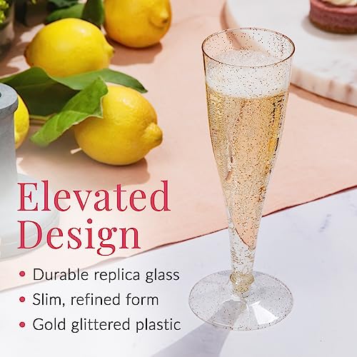 Prestee 100 Champagne Flutes Plastic | Disposable Champagne Flute | Gold Glitter Plastic Champagne Glasses for Parties | Mimosa Bar, Wedding, and Shower Party Supplies | Plastic Party Glasses (Gold)