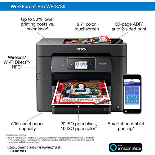 Epson WorkForce Pro WF-3730 All-in-One Wireless Color Printer with Copier, Scanner, Fax and Wi-Fi Direct,Black,10-1/2 x 7-1/2 x 6-1/2 in