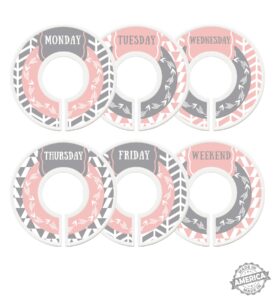 modish labels, weekly clothes organizer, days of the week closet organizer system, daily closet organizer, closet dividers, school clothes dividers (pink arrows)