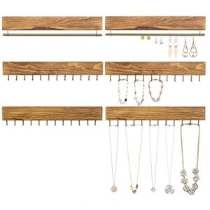 mygift 6-piece burnt wood hanging jewelry organizer - wall mounted bracelet and necklace holder rack set with hooks and hanger bar