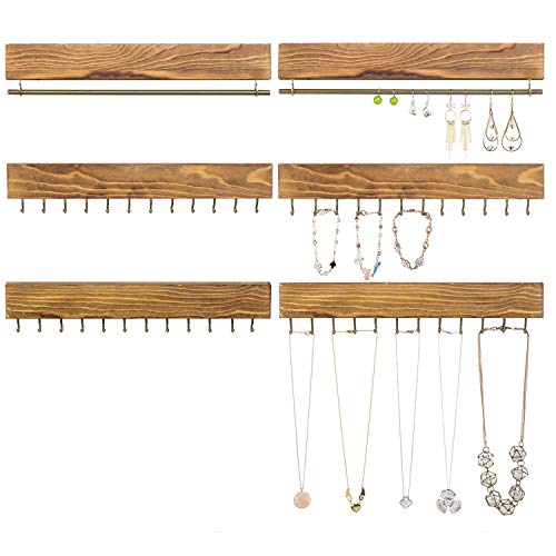 MyGift 6-Piece Burnt Wood Hanging Jewelry Organizer - Wall Mounted Bracelet and Necklace Holder Rack Set with Hooks and Hanger Bar