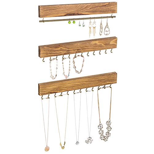 MyGift 6-Piece Burnt Wood Hanging Jewelry Organizer - Wall Mounted Bracelet and Necklace Holder Rack Set with Hooks and Hanger Bar