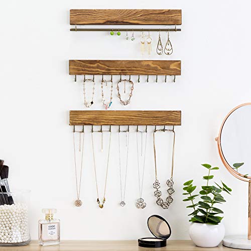 MyGift 6-Piece Burnt Wood Hanging Jewelry Organizer - Wall Mounted Bracelet and Necklace Holder Rack Set with Hooks and Hanger Bar