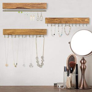 MyGift 6-Piece Burnt Wood Hanging Jewelry Organizer - Wall Mounted Bracelet and Necklace Holder Rack Set with Hooks and Hanger Bar