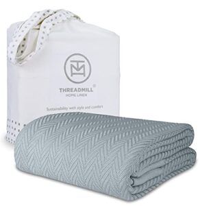 threadmill home linen multipurpose blanket - 1 piece herringbone 100% extra long staple cotton, scottish grey