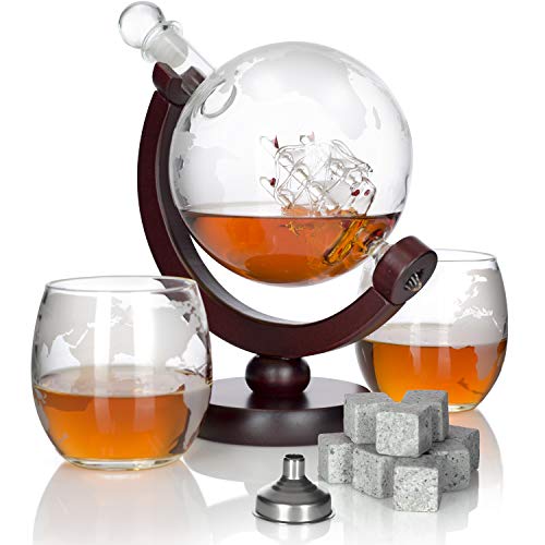 Atterstone Whiskey Decanter Set Globe Decanter Whiskey Decanter Sets for Men Decanter Globe Set Great Gift Bourbon decanter Scotch Decanter Sets 850 ml Includes 2 Glasses Whisky funnel