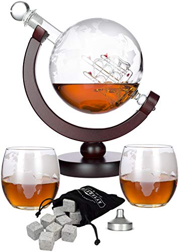 Atterstone Whiskey Decanter Set Globe Decanter Whiskey Decanter Sets for Men Decanter Globe Set Great Gift Bourbon decanter Scotch Decanter Sets 850 ml Includes 2 Glasses Whisky funnel