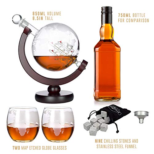 Atterstone Whiskey Decanter Set Globe Decanter Whiskey Decanter Sets for Men Decanter Globe Set Great Gift Bourbon decanter Scotch Decanter Sets 850 ml Includes 2 Glasses Whisky funnel