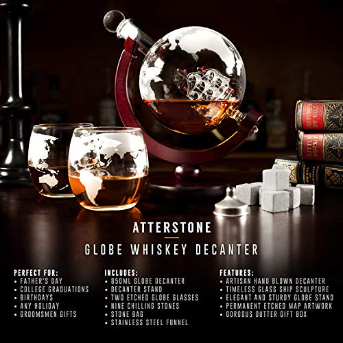 Atterstone Whiskey Decanter Set Globe Decanter Whiskey Decanter Sets for Men Decanter Globe Set Great Gift Bourbon decanter Scotch Decanter Sets 850 ml Includes 2 Glasses Whisky funnel