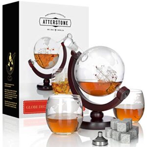 Atterstone Whiskey Decanter Set Globe Decanter Whiskey Decanter Sets for Men Decanter Globe Set Great Gift Bourbon decanter Scotch Decanter Sets 850 ml Includes 2 Glasses Whisky funnel