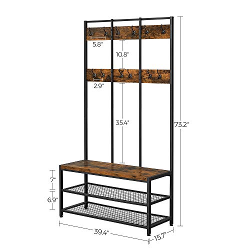 VASAGLE Large Coat Rack Stand, Coat Tree with 12 Hooks and Shoe Bench in Industrial Design, Hall Tree, Multifunctional Hallway Shelf, Office, Bedroom, Rustic Brown and Black UHSR86BX