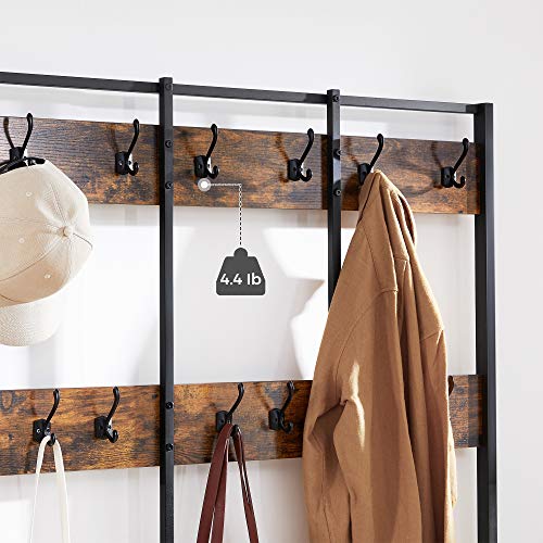 VASAGLE Large Coat Rack Stand, Coat Tree with 12 Hooks and Shoe Bench in Industrial Design, Hall Tree, Multifunctional Hallway Shelf, Office, Bedroom, Rustic Brown and Black UHSR86BX