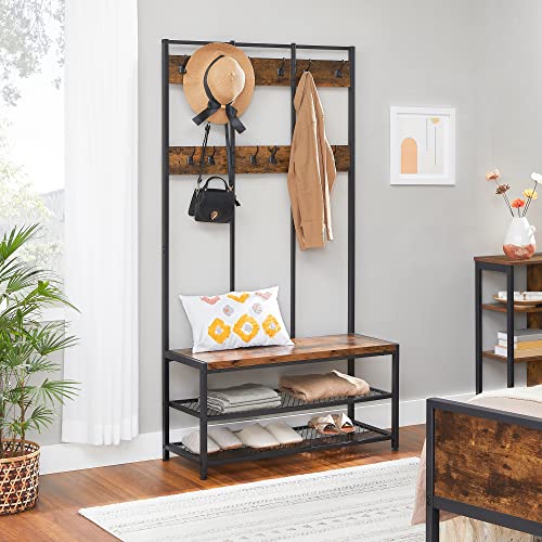 VASAGLE Large Coat Rack Stand, Coat Tree with 12 Hooks and Shoe Bench in Industrial Design, Hall Tree, Multifunctional Hallway Shelf, Office, Bedroom, Rustic Brown and Black UHSR86BX