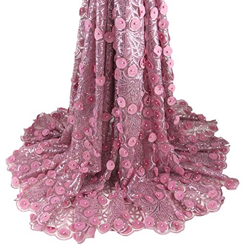 Aisunne African Lace Fabrics 5 Yards Nigerian French Lace Fabric with 3D Flower Fashion Embroidered Beading and Sequin for Wedding Party Dresses (Light Purple)