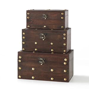 soul & lane monahan wooden treasure chest boxes - set of 3: decorative storage with hinged lid, latch and metal hardware, farmhouse wood keepsake chests, vintage craft boxes, suitcases and trunks