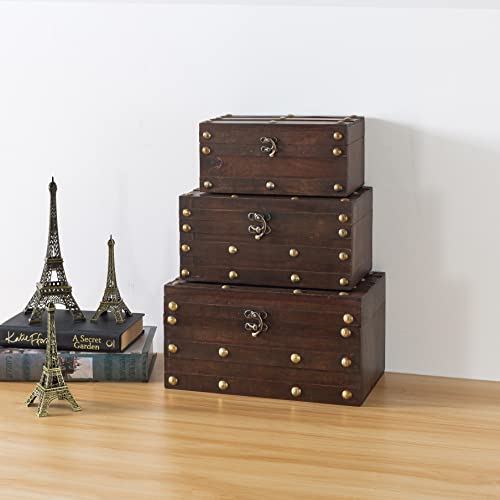 Soul & Lane Monahan Wooden Treasure Chest Boxes - Set of 3: Decorative Storage with Hinged Lid, Latch and Metal Hardware, Farmhouse Wood Keepsake Chests, Vintage Craft Boxes, Suitcases and Trunks