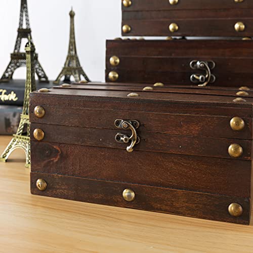 Soul & Lane Monahan Wooden Treasure Chest Boxes - Set of 3: Decorative Storage with Hinged Lid, Latch and Metal Hardware, Farmhouse Wood Keepsake Chests, Vintage Craft Boxes, Suitcases and Trunks