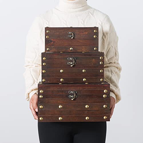 Soul & Lane Monahan Wooden Treasure Chest Boxes - Set of 3: Decorative Storage with Hinged Lid, Latch and Metal Hardware, Farmhouse Wood Keepsake Chests, Vintage Craft Boxes, Suitcases and Trunks