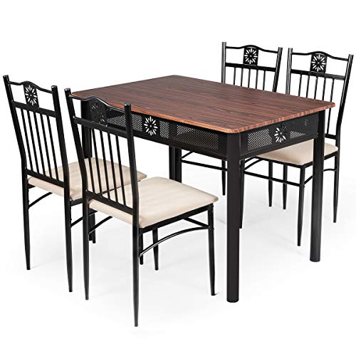 Tangkula 5 Piece Dining Table and Chairs Set Vintage Retro Wood Top Metal Frame Padded Seat Dining Table Set Home Kitchen Dining Room Furniture