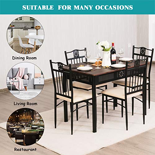 Tangkula 5 Piece Dining Table and Chairs Set Vintage Retro Wood Top Metal Frame Padded Seat Dining Table Set Home Kitchen Dining Room Furniture