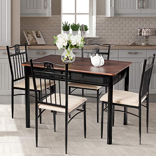 Tangkula 5 Piece Dining Table and Chairs Set Vintage Retro Wood Top Metal Frame Padded Seat Dining Table Set Home Kitchen Dining Room Furniture