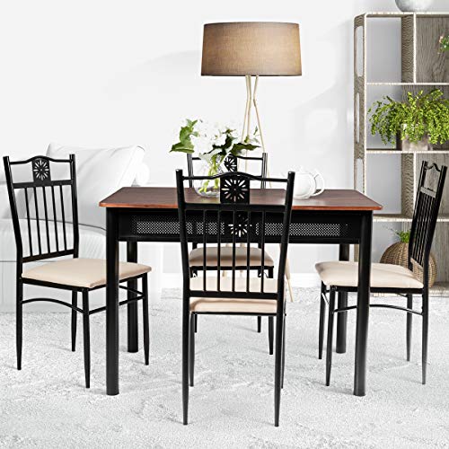 Tangkula 5 Piece Dining Table and Chairs Set Vintage Retro Wood Top Metal Frame Padded Seat Dining Table Set Home Kitchen Dining Room Furniture