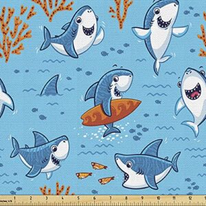 ambesonne shark fabric by the yard, underwater fantasy world with funny fish characters cheerful childish mascots, decorative fabric for upholstery and home accents, 1 yard, orange white