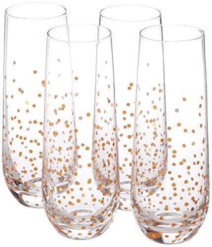 Circleware Stemless Champagne Flutes Set of 4 Party Dining Beverage Drinking Wine Glasses, Glassware Cups for Water, Liquor, Whiskey and Decor Gifts, 4 Count (Pack of 1), Gold Confetti 4pc