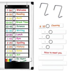 vnom daily schedule pocket chart, class schedule with 13+1 pockets 18 dry eraser cards 2 easy over door mountings for classroom, school, office or home (13” x 35.5”) (black)