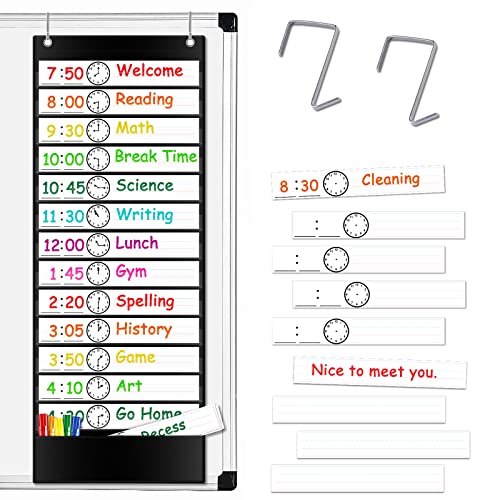 VNOM Daily Schedule Pocket Chart, Class Schedule with 13+1 Pockets 18 Dry Eraser Cards 2 Easy Over Door Mountings for Classroom, School, Office or Home (13” x 35.5”) (BLACK)