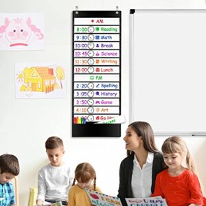 VNOM Daily Schedule Pocket Chart, Class Schedule with 13+1 Pockets 18 Dry Eraser Cards 2 Easy Over Door Mountings for Classroom, School, Office or Home (13” x 35.5”) (BLACK)