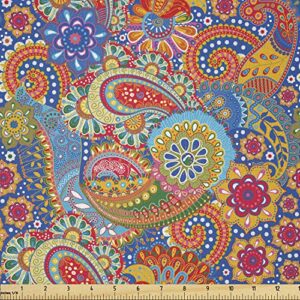 lunarable asian fabric by the yard, colorful paisley floral pattern classical ornamental medieval art, microfiber fabric for arts and crafts textiles & decor, 1 yard, blue yellow