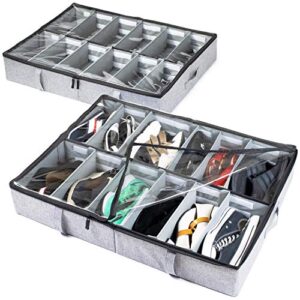 storagelab under bed shoe storage organizer, adjustable dividers - set of 2, fits 24 pairs total - underbed storage solution (dark grey)