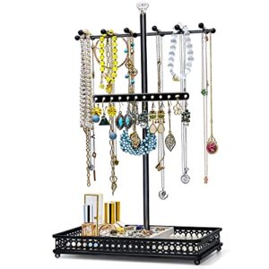 meangood jewelry tree stand organizer 3in1 necklace organizer display bracelet earrings and ring tray jewelry holder hanger metal（black）