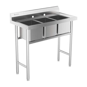 bonnlo 3-compartment 304 stainless steel utility sink commercial grade laundry tub culinary sink for outdoor indoor, garage, restaurant, kitchen, laundry/utility room - 39” w x 18” d x 40.2” h