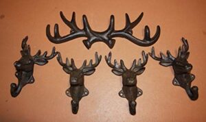 southern metal wall mounted deer head antler coat hat rack wall hooks, solid cast iron bundle of 5