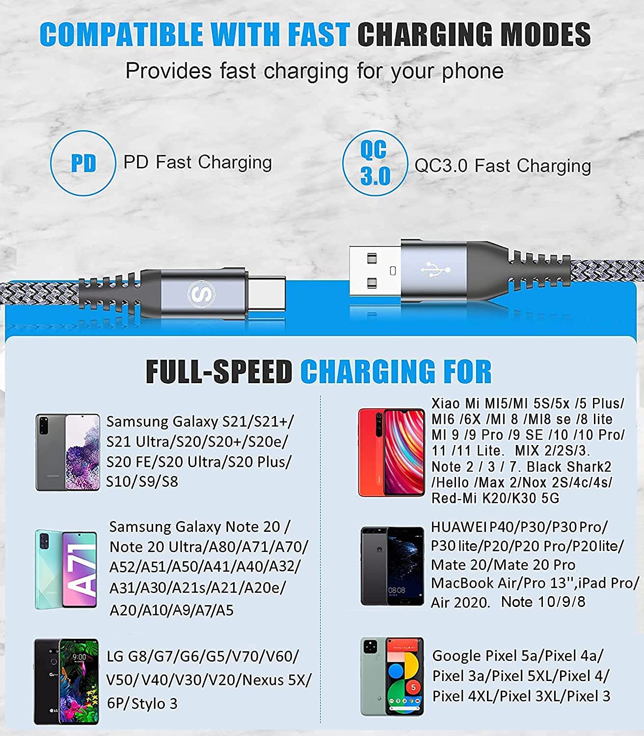 sweguard USB C Cable 3.1A Fast Charging [3Pack,10ft+6.6ft+3.3ft], USB-A to USB-C Charger Nylon Braided Cord for Samsung Galaxy S21 S20 S10 S9 S8 Plus/FE Note 20 10 9 8 7, A71 A51 A32,LG,Moto,PS5-Grey