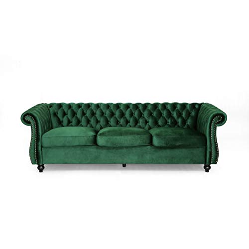 Great Deal Furniture Vita Chesterfield Tufted Jewel Toned Velvet Sofa with Scroll Arms, Emerald