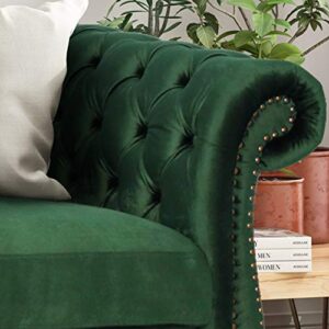 Great Deal Furniture Vita Chesterfield Tufted Jewel Toned Velvet Sofa with Scroll Arms, Emerald